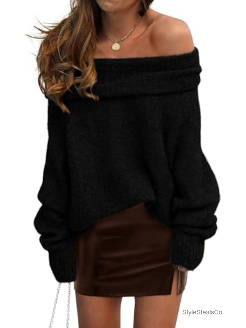 Off Shoulder Knit Pullover Sweater Long Sleeve Acrylic Blend